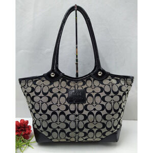 Coach Bleecker Signature Black Canvas Leather Trim Top Handle Tote Shoulder Bag